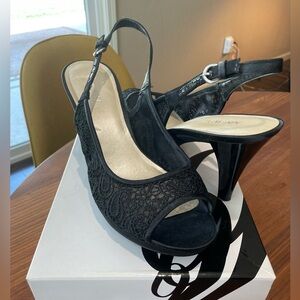 Nine West Black Lace Peep Toe Heels 10 Medium